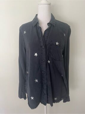 Bella Dahl Charcoal Button-Up Star Embroidered Blouse
